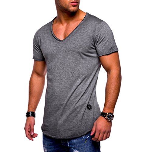 Ketamyy Hombre Color Puro Algodón V Cuello Sección Delgada Manga Corta Camiseta Gris M