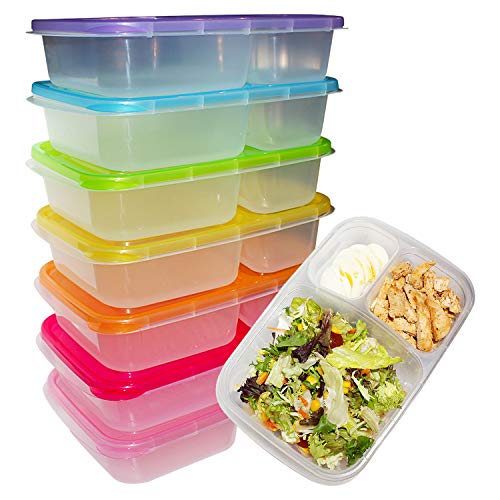 Kurtzy Fiambreras Bento (Pack 7) - 3 Compartimentos Contenedores Preparar Alimentos con Tapa - Plástico Control de Porciones para Alimentos - Aptos para Lavavajillas, Congelador y Microondas