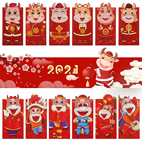 LEMESO 24 Hongbao Sobres Rojos de Año Nuevo Chino 2021, Paquete de Dinero de la Suerte del Año Buey NIU, 12 tipos Buey de Dibujos Animados Decoración para Fiestas de Primavera