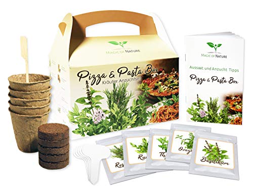 Magic of Nature Caja para pizza y pasta – Juego de cultivo de hierbas – Regalo perfecto – para cultivar uno mismo – Fácil manejo – 5 típicas pizzas y hierbas – Alta tasa de germinación