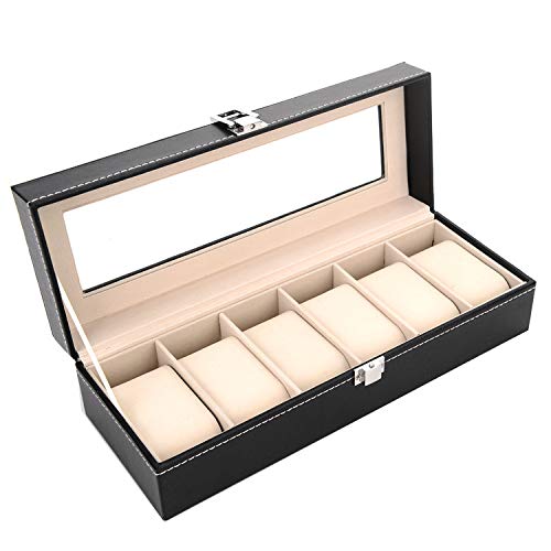 MaikcQ Caja de almacenamiento para reloj, para el hogar, dormitorio, caja de almacenamiento de reloj de cuero, caja de almacenamiento de 6 asientos.