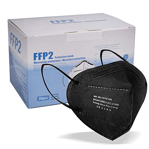 Mascarilla FFP2 CE 2163, Mascarilla de Protección Respiratoria - Protectora Respirador Antipolvo Homologada 5 capas. Alta Eficiencia Filtración BFE de 95% (Negro 20 pcs)