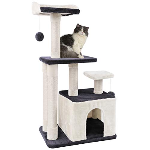 MC Star Árbol para Gato con Rascador Múltiples Plataformas, Cuevas para Gatos de Dos Puertas, Pelotas de Juguete con Campanas, Arañar Cama Juegos Gatos de Natural Sisal Altura 100 cm, Gris&Beige