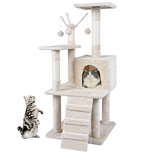 MC Star Rascadores Árbol Escalador Arañar para Gatos Altura 120cm Estable Centro de Actividad para Gatitos de Sisal Natural con Correa Anti-vuelco, Plataforma Engrosada, Nidos y Bolas de Juego, Beige