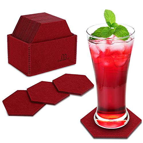 MENNYO Posavasos Originales, Juego de 14 Posavasos de Fieltro con Caja, Posavasos Hexágono para Regalo Protección de Mesa,Coasters para Bebidas frías y Calientes, Café, Vasos, Tazas, Vino Rojo