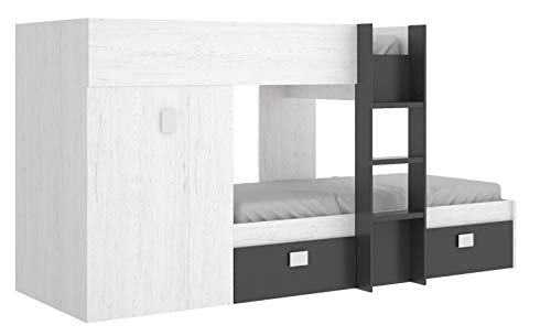 Mobelcenter - Cama Litera Tren Groe Infantil y Juvenil - Cama Tren con Armario y 2 Cajones- Medidas: Ancho: 271 cm x Fondo: 111 cm x Alto: 150 cm (Blanco Artic y Grafito) - (1081)