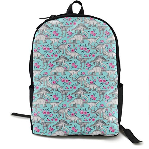 Mochila clásica, extra súper pequeña, dinosaurios y rosas en turquesa, bolsa de escuela informal de gran capacidad, para adolescentes, mujeres, hombres, viajes, senderismo