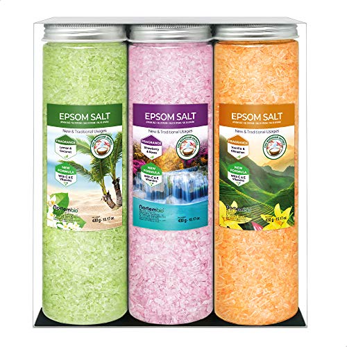 Nortembio Sales de Epsom Pack 3 x 430 g. Fragancias de Vainilla, Rosas, Limón. Hidratadas con Vitamina C y E. Sales de Baño, Aromaterapia, Terapias de Flotación. E-Book Incluido.