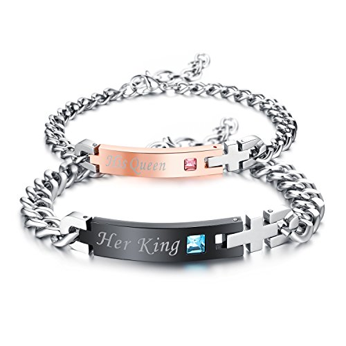 Para hombre pulsera de acero inoxidable Rey y Su Reina parejas Sideways Cruz Estilo del regalo de San Valentín