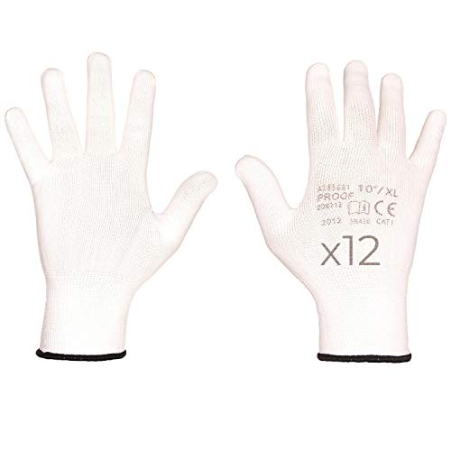 PROOF Guantes de trabajo de poliéster de punto - guantes de montaje, cómodo, reparaciones, trabajos de almacén, doméstico, acabado, taller, montaje, manualidades, embalaje (6 (12 Pares), Blanco)