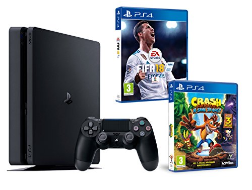 PS4 Slim 1Tb Negra Playstation 4 Consola - Pack 2 Juegos - FIFA 18 + Crash Bandicoot N.Sane Trilogy