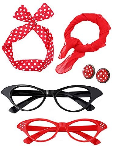 SATINIOR Juego de Accesorios de Disfraz de Mujer de los Años 50 Bufanda Diadema Pendientes Gafas de Ojo de Gato para Fiesta (Conjunto de Colores 2)