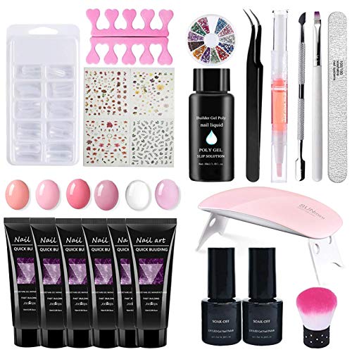 Set Completo Secador de Uñas Gel Manicura, lampara led uñas kit, Con geles UV de 6 colores, 100 moldes de extensión de uñas, Lámpara LED para Uñas, Soak Off Base y Top Coat