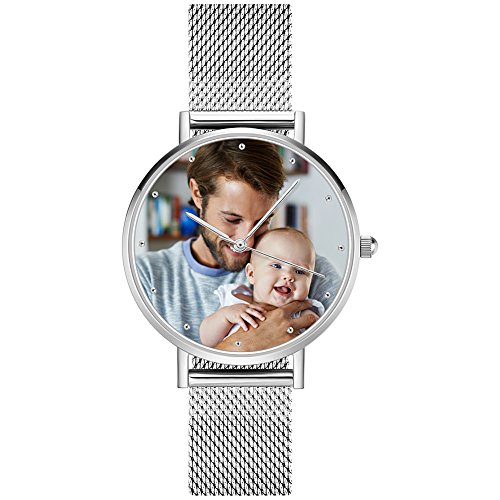 SOUFEEL Reloj Personalizado Foto y Grabado Caracteres Analógico de Cuarzo de Pulsera Malla De Banda Plata Impermeable Ultra-delgada Clásico Regalo para Familia Mujer Novia Bebe Nuevo con Caja Elegante