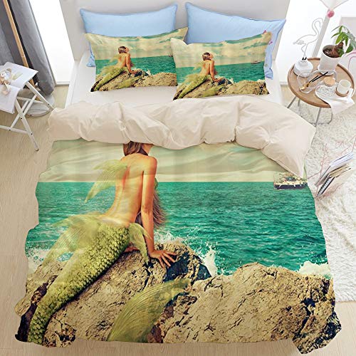 SURERUIM Funda Nórdica Cama Estampada Reversible - Sirena Cantando en el Arrecife tentando el Barco en el mar - Fundas Edredón Nórdico 220x240cm con 2 Fundas de Almohada 50x80cm