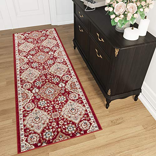 Tapiso Dubai Alfombra de Pasillo Entrada Cocina Escalera Diseño Tradicional Rojo Crema Flores Hojas a Medida 70 x 950 cm