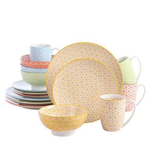 vancasso Natsuki Servicio de Combinación Vajilla de Porcelana 16 Piezas, Cada una con 4 Platos de Cena Ø 27 cm, Plato de Postre Ø 21.5 cm, Cuencos de Cereales Ø 15.2 cm y Taza de Café 380 ML