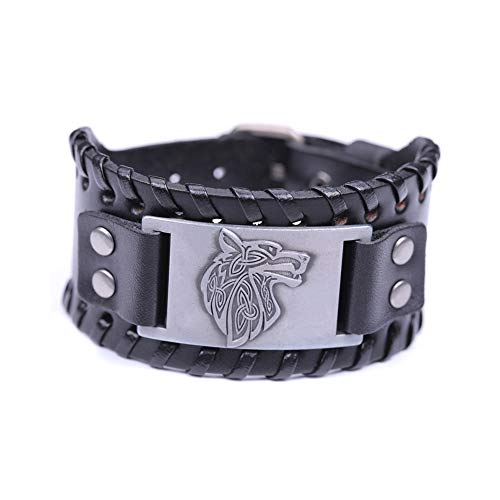 VASSAGO Pulsera de piel de metal con cabeza de lobo escandinavo, estilo vintage, nórdico, fenrir vikingo, talismán escandinav