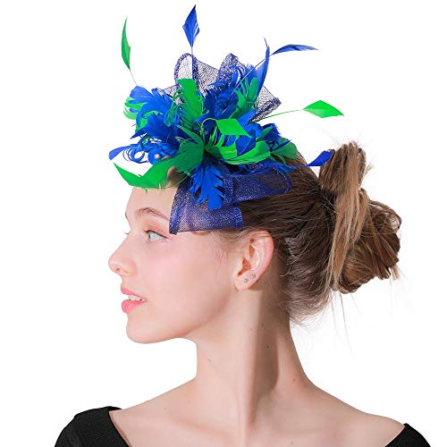 XIAOLULU Diadema Floral para el Pelo Encantadora Flor Grande de Malla de Plumas de cóctel Gorra Chica fiestera Mujer Fascinante Casco Boho Casco (Color : Sapphire+Green, tamaño : Free Size)