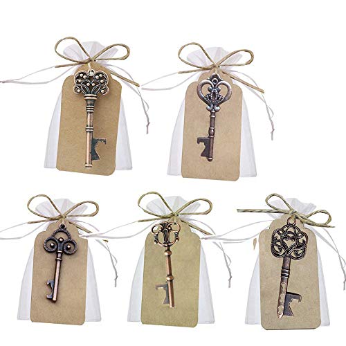 XYJIE 50pcs Favores de boda Abrebotellas con llave de esqueleto con tarjeta de etiqueta de acompañamiento y guita para favores de boda Decoración brillante (5 estilos mezclados)