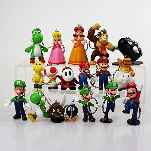 YUNDING Super Mario Peluches 18 unids / Lote Lindo Super Mario Bros Llavero Mario Luigi Seta Sapo Princesa melocotón PVC Figura de acción Juguetes