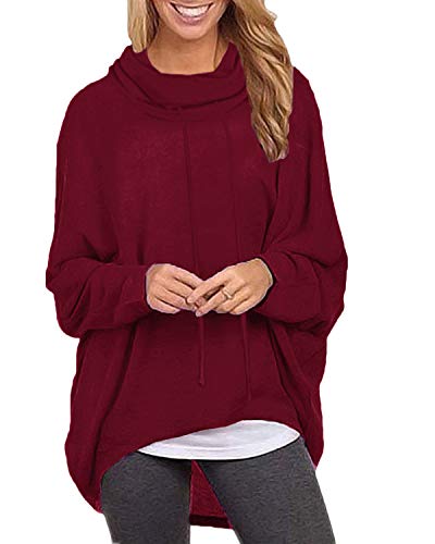 ZANZEA Mujeres Sudaderas Cuello Alto Batwing Manga Larga Irregular Baggy Túnica Blusa Pullover Tops Jersey X-Rojo Vino Cuello Alto L