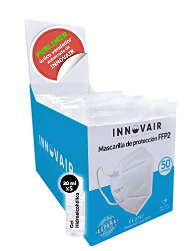 50 unidades Mascarilla FFP2 NR - 100% ESPAÑOLA - INNOVAIR - COLOR BLANCO - CE 2797 + 5 geles hidroalcohólicos