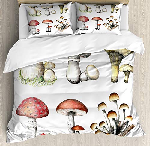 ABAKUHAUS Pilz Funda Nórdica, Hand Drawn Hongo, Estampado Lavable, 3 Piezas con 2 Fundas de Almohada, 230 cm x 220 cm, Multicolor