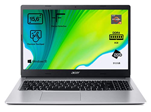 Acer Aspire 3 - Portátil 15.6" FullHD (Ryzen 5 3500U, 8GB RAM, 512GB SSD, UMA Graphics, Windows 10 Home), Color plata - Teclado QWERTY Español