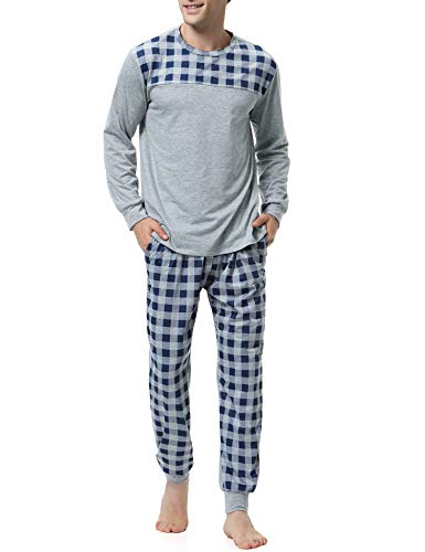 Aibrou Pijama Hombre Algodón Invierno Largo,Pijamas Cuadros Ropa de Dormir Causal Camiseta y Pantalones Cómodo cálido Talla S-XXL