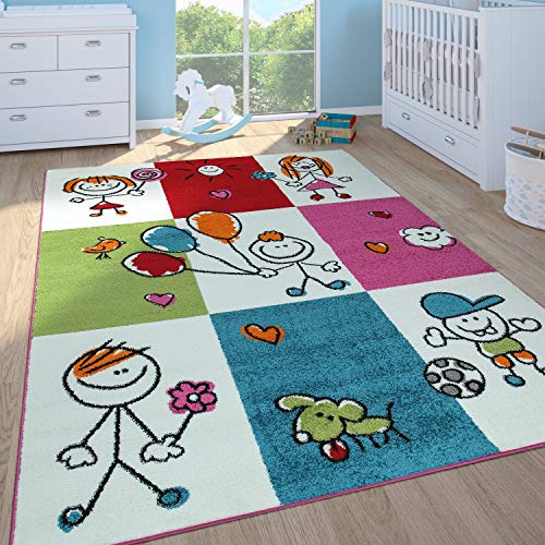 Alfombra De Juego Habitación Infantil Niña Niño Pelo Corto Figuras En Crema, tamaño:120x170 cm