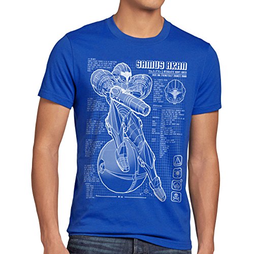 A.N.T. Samus Cianotipo Camiseta para Hombre T-Shirt Metroid Nerd Gamer NES SNES Switch, Talla:2XL, Color:Azul