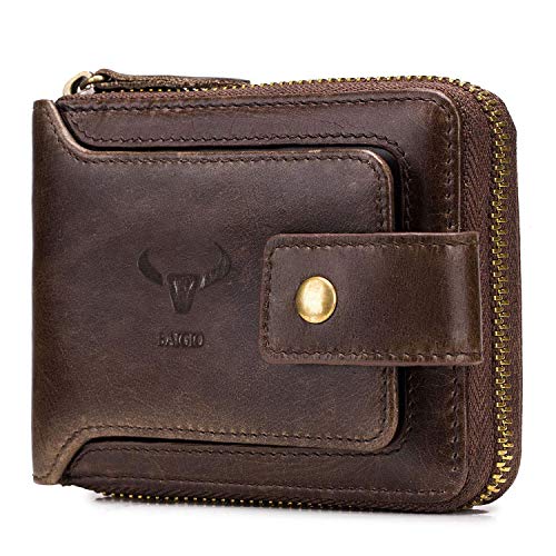 BAIGIO Billetera Hombre de Piel, Cartera RFID Hombre Cuero Autentico, Cartera Hombre con Cremallera & Ranuras para Tarjetas, Pequeño Monedero de Hombre Cartera de Bolsillo para Hombre (Marrón)