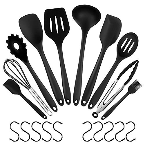 BaiYi 10 uds Utensilios de Cocina de Silicona,Utensilios de Cocina de Silicona Resistentes al Calor,Herramientas antiadherentes para Hornear en la Cocina 10 Juegos + 10 S Ganchos - （Negro）