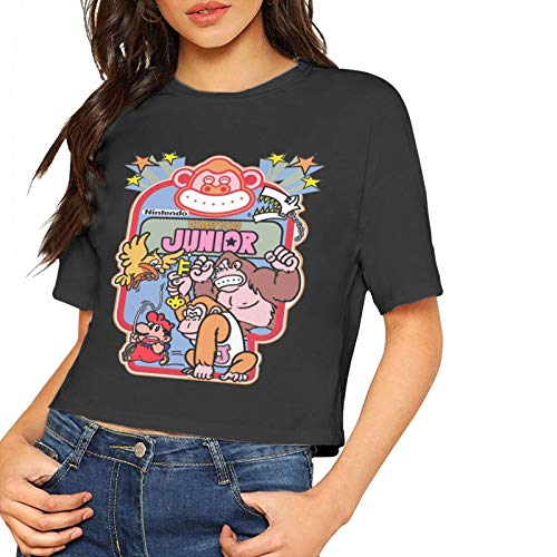 BattLeo Donkey Kong Junior Arcade Gabinete Decal Retro Gaming Crop Tops Camiseta para Mujer Manga Corta Gráfica Camiseta Negro