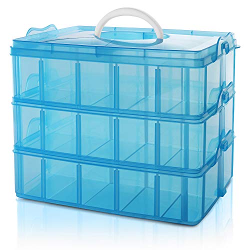 BELLE VOUS Caja Almacenamiento Plastico Azul 3 Niveles - Ranuras de Compartimentos Ajustables - Caja Organizadora Plastico Transparente - Máximo 30 Compartimentos - Guardar Juguetes Joyas, Cuentas