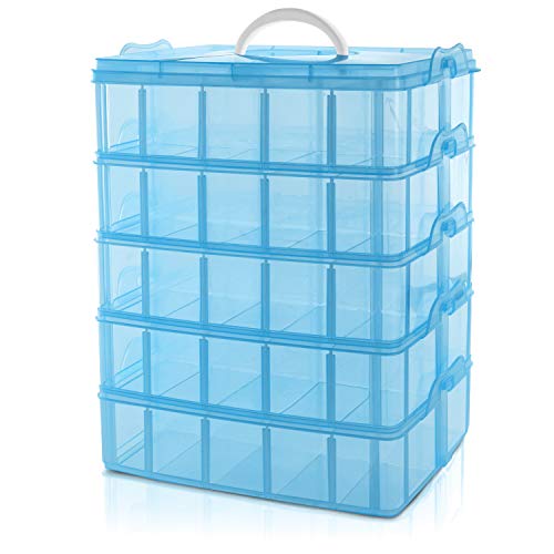 BELLE VOUS Caja Almacenamiento Plástico Azul 5 Niveles - Ranuras de Compartimentos Ajustables - Caja Organizadora Plastico Transparente - Máximo 50 Compartimentos - Guardar Juguetes Joyas, Cuentas