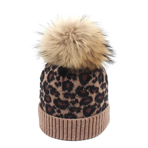 BESTOYARD Sombrero de Invierno de otoño para niños Sombrero de Lana de Punto Leopardo Gorro de Lana de Bola de Pelo de escorpión para niños y niñas (Caqui)