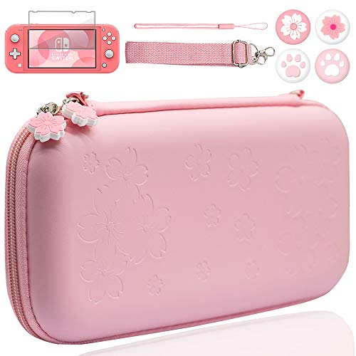 BRHE - Funda de viaje para Nintendo Switch Lite Accesorios Hard Portable Protective Bundle Case Case Shock/Water Proof Shell con protector de pantalla de cristal y tapas de agarre para pulgar (rosa)