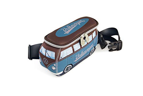 BRISA VW Collection - Volkswagen Furgoneta Hippie Bus T1 Van Riñonera Vintage de Neopreno, Bolsillo de la cadera Resistente y anti-robo, Cinturón de Dinero para Viaje/Concerto/Festival (Petrol/Marrón)