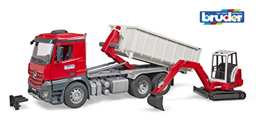 Bruder-BRUDER-03624-CAMION MB AROCS - Pala con contenedor y Mini Pala SCHAEFF HR 16, 3624, Color Rojo