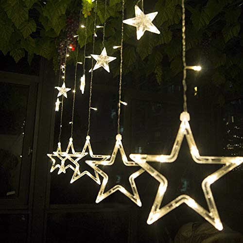 Cadena de luces LED de colores SALCAR de 2 * 1 metros, cortina 12 estrellas de colores para navidad, decoracion de fiestas, celebraciones, 8 programas de cambio de luz (luz cálida)