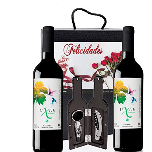 Caja Vino Tinto Regalo FELICIDADES - Pack de 2 Botellas UXUE CRIANZA Edicion Limitada MEDALLA BERLIN 2015 + Kit Accesorios con Estuche - Ideal para regalar en Ocasiones Especiales.