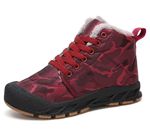 ChayChax Botas de Nieve Invierno Niñas Niños Ligero Impermeable Botines Calentar Forro Zapatos de Senderismo Trekking Escalada Sneakers Antideslizante, Camuflaje-Rojo, 38 EU