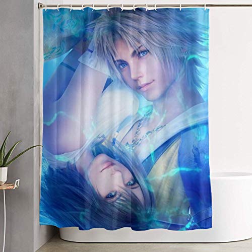 ChenZhuang Final Fantasy X-Tidus y Yuna Anime cortina de ducha con ganchos (152 x 182 cm), cortina de ducha impermeable de poliéster para duchas y bañeras