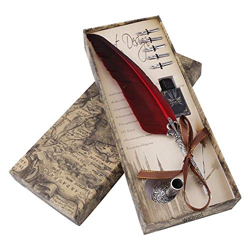 Conjunto de Pluma de Plumaje de Tinta con Tallado Vintagepara Caligrafía Escritura （5Pcs Semilla de Reemplazo）(Rojo)