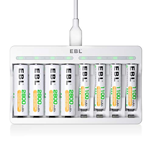 EBL Cargador Rápido de Pilas con 4 x AA 2800mAh y 4 x AAA 1100mAh, Cargador Inteligente LED para AA AAA Ni-MH Rápida Carga USB 5V 2A & Protección Múltiple