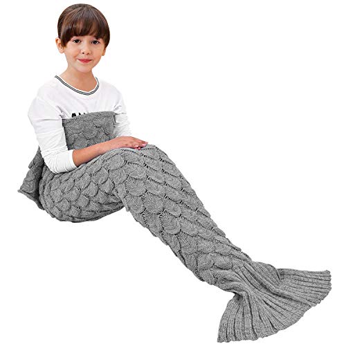 eCrazyBaby Hecho a Mano de Punto Manta de Cola de Sirena, Todas Las Estaciones cálido sofá Cama Sala de Estar Manta para niños, Patrón de Fish-Escalas, 140 x 70 cm, Gris