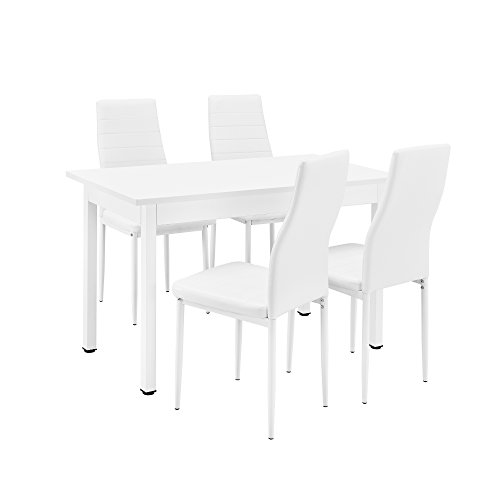[en.casa] Conjunto de Comedor - Mesa Blanca (120x60cm) con 4 sillas Blancas tapizadas - Mesa de Cocina con Set de sillas - Set Ahorro