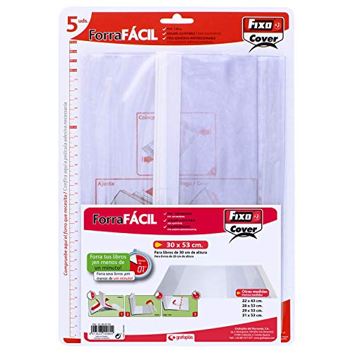 Fixo Cover 1009700－Pack de 5 forros para libros, ajustables, transparente, 30 x 53 cm